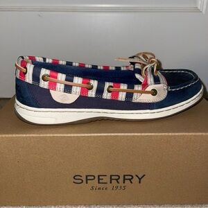 Sperry Navy Boat Shoe with Red and White Striped Trim
